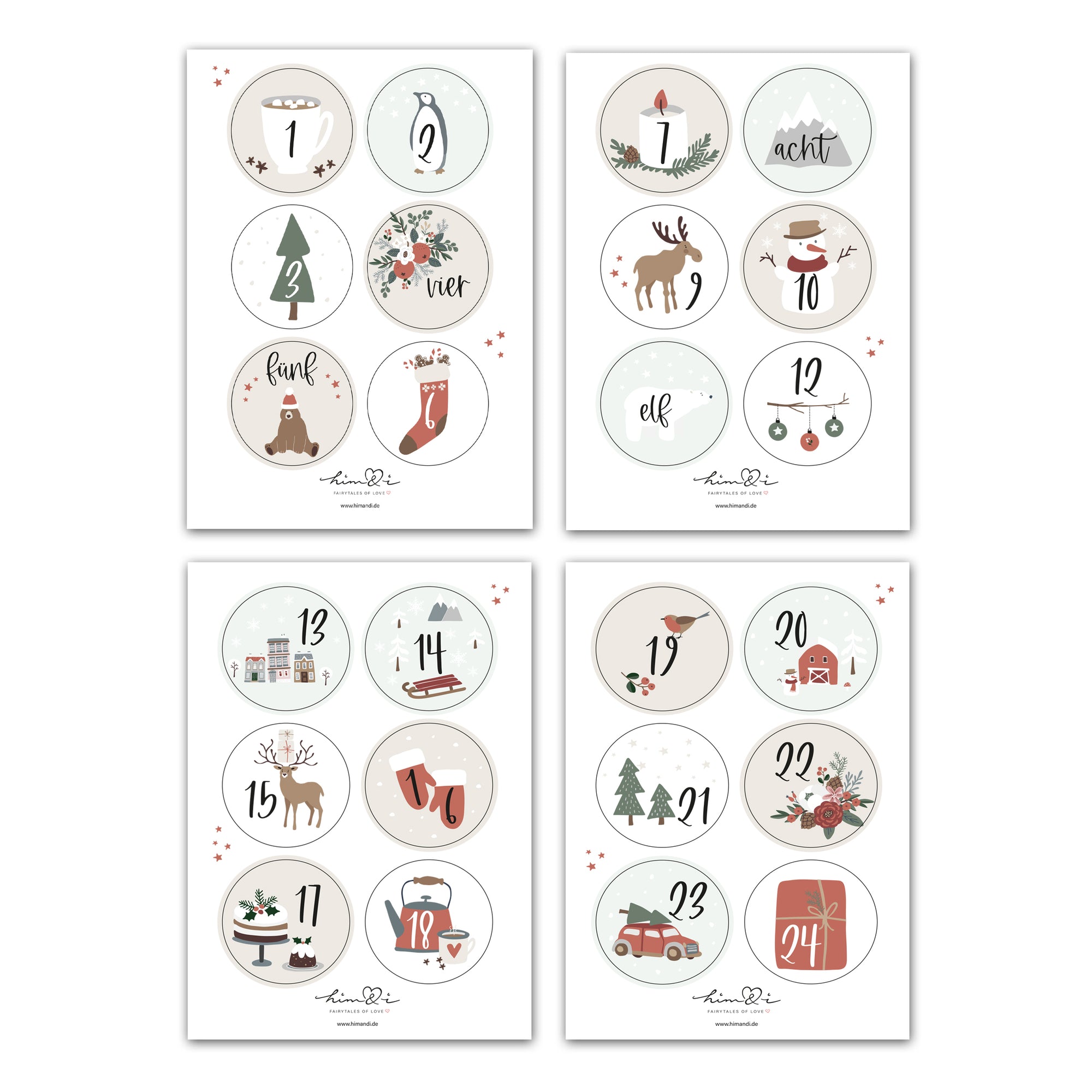 24 Adventskalender Zahlen Sticker Set für DIY Weihnachtskalender